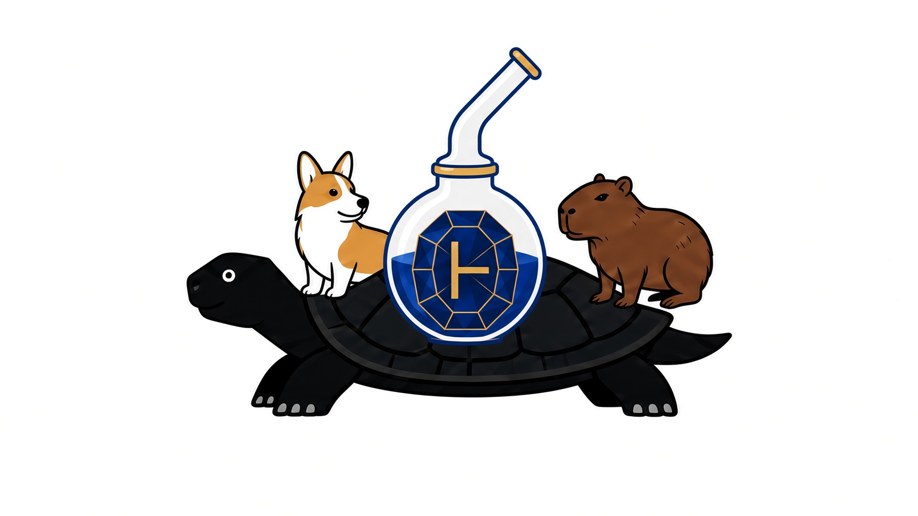 A corgi and a capybara sit on a dark turtle. A glass alembic on the shell holds a sapphire marked with a gold turnstile.
