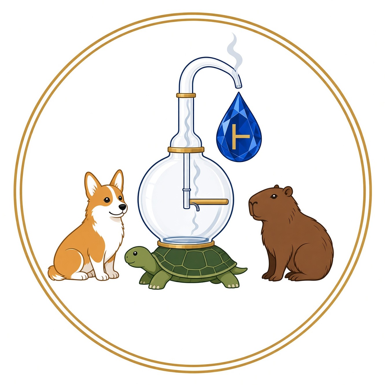 Heraldic seal: a corgi and a capybara flank a glass alembic resting on a turtle. A sapphire drop inside the flask bears a gold turnstile.